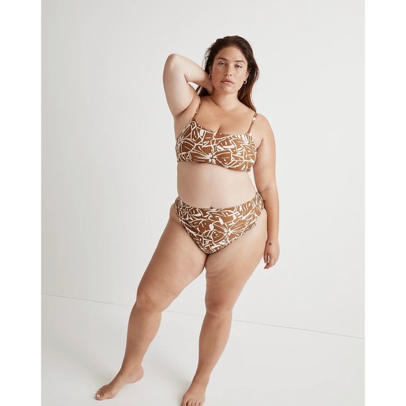 Madewell Tie Back Bikini White Gold Abstract Floral Sepia Plus Size 4x - Picture 5 of 12